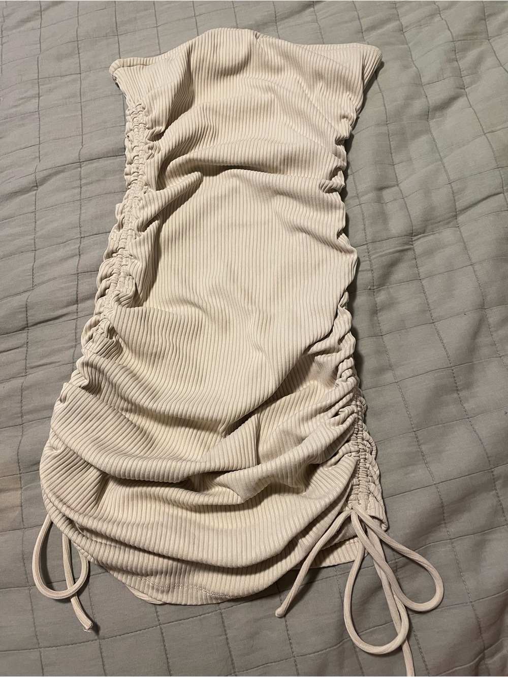 Princess Polly Cream Ribbed Strapless & Ruched Mini Dress